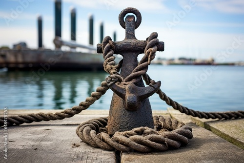 Antique mooring anchor and knot on pier, maritime emblem. Generative AI