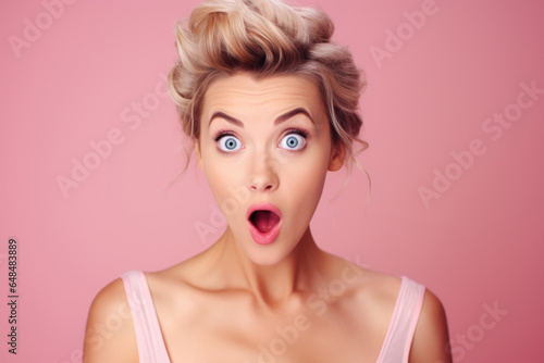 Beautiful stylish young woman with surprised face expression on pink trendy background.