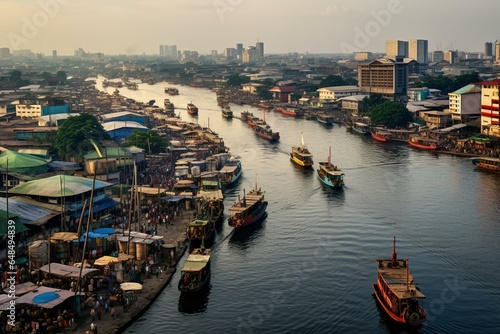 Bird's-eye view of Lagos Island's bustling marina business district. Generative AI