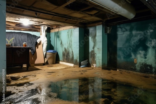 In-progress underwater basement with moldy wall. Generative AI