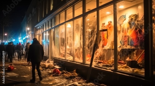 Riots, People smash shop windows with firebombs with pogroms and riots in night city.