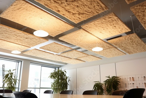 Wood wool panels halfway mounted on office ceiling for noise reduction. Generative AI