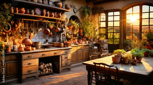 twilight serenade: an evocative imagery of a french rustic kitchen bathed in the soft, muted glow of the setting sun, encapsulating provincial charm. Ai Generated