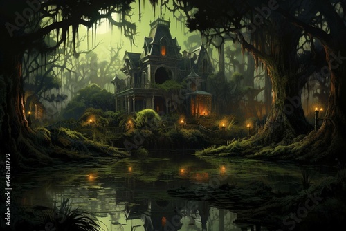Illustration depicting a spooky Victorian mansion surrounded by a swampy bayou marsh. Generative AI