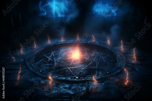 Dark summoning circle with glowing pentagram and runic words. 3D illustration. Generative AI