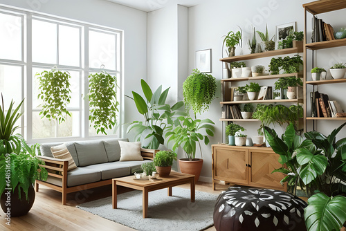 Living room interior design with wooden console, beautiful composition of plants in hipster and different pot designs, books and elegant personal accessories in home garden.