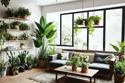 Living room interior design with wooden console, beautiful composition of plants in hipster and different pot designs, books and elegant personal accessories in home garden.