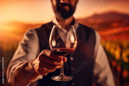 A close-up shot of a sommelier who is spinning a glass containing red wine, and in the background is the vineyard from which this wine was produced. 