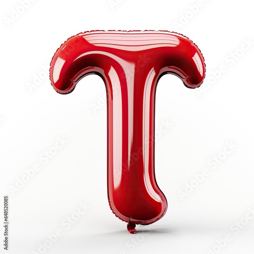 3D letter T made of round and shinny inflatable red ballon on white background.
