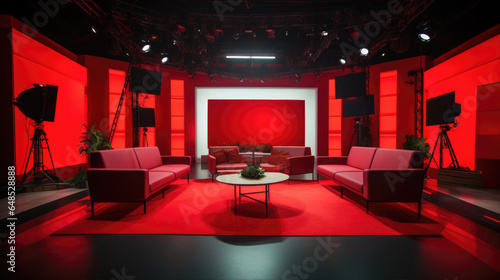 news studio with red ornaments