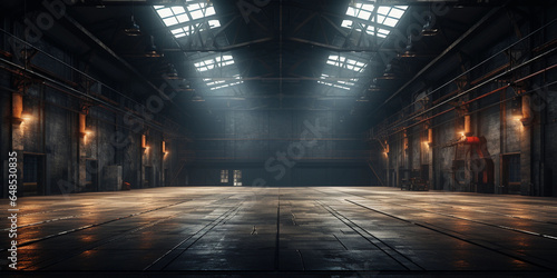 Empty large factory building with sunrays