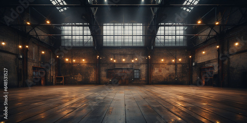 Empty large and old factory building with large windows and sunrays