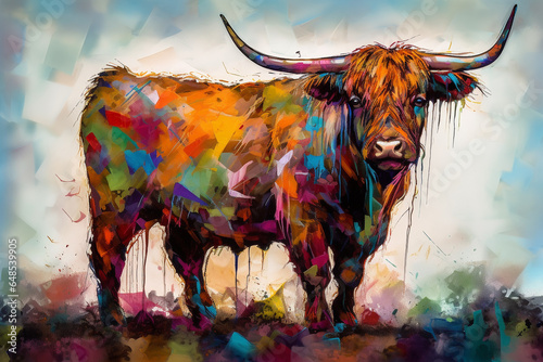 Abstract highland cow head portrait, scottish highland cow from multicolored paints
