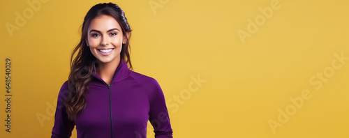 Young beautiful smiling athlete woman In sports clothes isolated on flat orange background with copy space, banner template for sport wear store promotion.