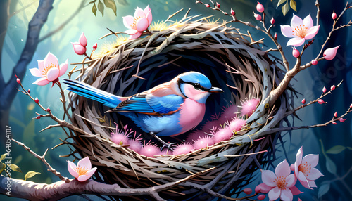 A blue bird is in a nest woven from tree branches. Around the ne