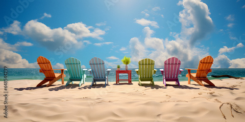there are four chairs on the beach with a vase of flowers Generative AI