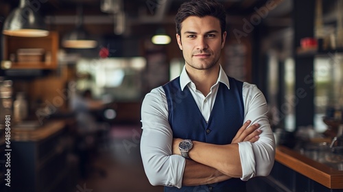 portrait of a businessman with arms crossed in restaurant