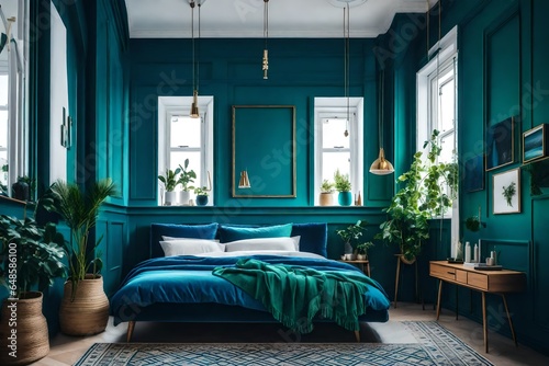 a vibrant Scandinavian bedroom using jewel tones like emerald green and sapphire blue 