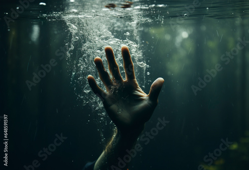 Underwater scene of hand trying to call for help. Selective focus of a hand in the water in naturalistic realism. Hand with outstretched fingers that reflects the tension of the gesture.