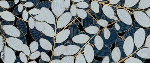Vector botanical luxury background with branches and leaves in blue tones. Background with golden branches for decoration, wallpaper, covers, cards and presentations, for posts on social networks.