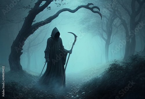 Death with a scythe in a foggy forest. AI Generated