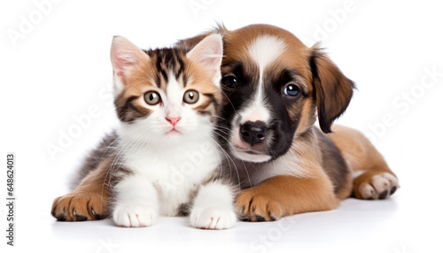 Friendship Between Animals - Kitten and Small Puppy Together - Generative Ai