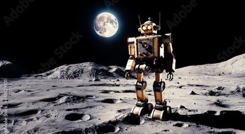 vecchio robot meccanico fermo e in disuso sulla superficie di una luna, spazio e pianeti sullo sfondo
