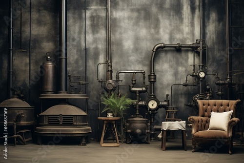 Rustic industrial backdrop with vintage steam-powered aesthetics. Generative AI