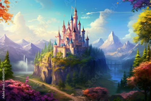 A magical castle city in a fairy land, with a majestic fortress. Perfect for children's books, stories, illustrations, and fairy tales. Generative AI