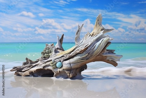 Artistic pastel painting on a driftwood found at Longboat Key beach in Florida. Generative AI