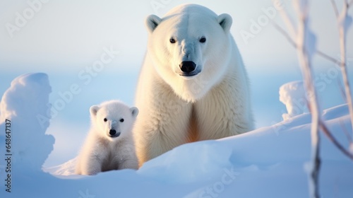 Closeup of a polar bear and her cub on a sunny day in Arctic snow
