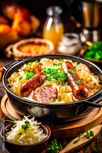 Plat traditionnel de choucroute alsacienne mijotée avec chou et saucisses