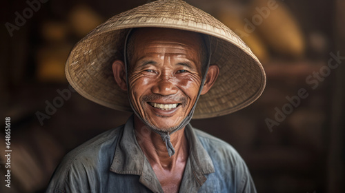 Old man with an Asian conical hat outdoors portrait, Vietnam.