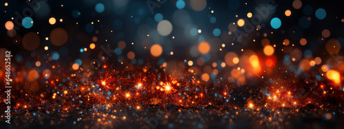 closeup of firework and bokeh lights on black background with space for text.generative ai