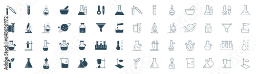 Science Laboratory Equipment Icon Set. Pharmacy lab glassware, beakers, test tube, glass, and flask outline vector illustration