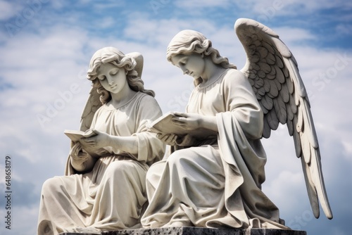 A statue depicting two angels engrossed in reading a book. This beautiful sculpture can add an elegant touch to any setting.