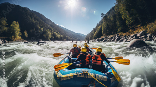 Rafting on large boat on mountain river. Team cohesion, team building