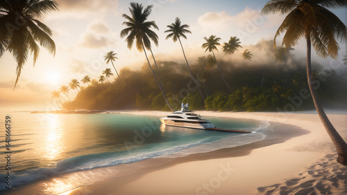 Luxury Super yacht on tropical island with palms and sunset. Extremely detailed and realistic high resolution concept design illustration