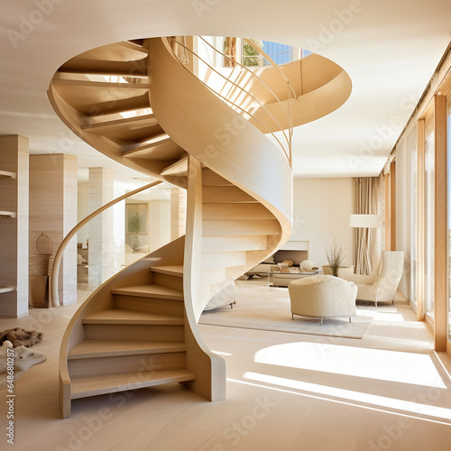 un escalier tournant en bois dans le salon d'une maison - IA Generative