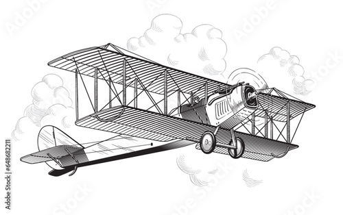 Retro airplane, vintage biplane in the cloudy sky. High detailed engraving style vector illustration.