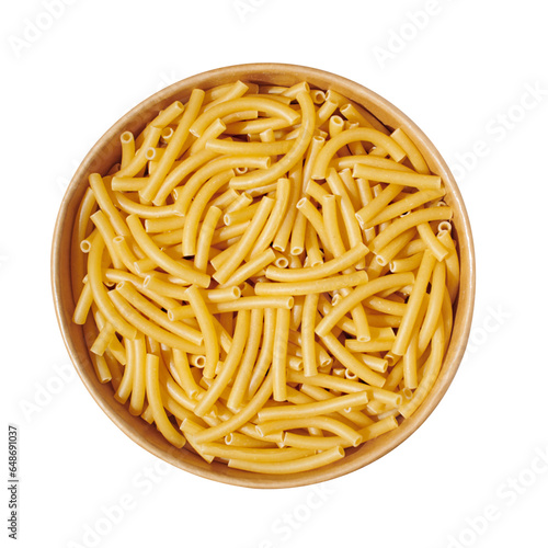 Pasta fusilli noodle in wooden bowl isolated on white, close up