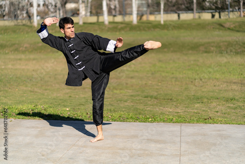 Young man practicing Kung Fu in the park