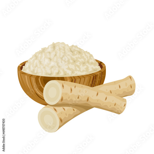 Vector illustration, grated horseradish in a wooden bowl, with pieces of fresh horseradish root, isolated on white background.