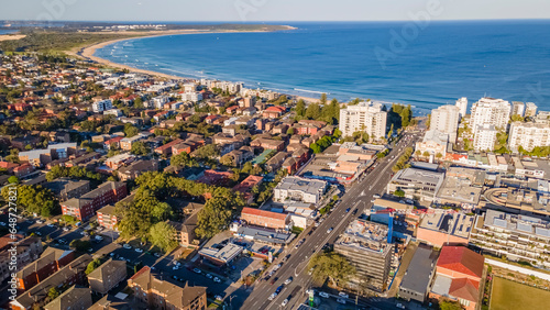 Aerial drone view above Cronulla in the Sutherland Shire, South Sydney, NSW Australia looking in the east direction on a sunny afternoon in September 2023 