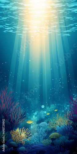 日の光が差し込むサンゴ礁の水彩イラスト 