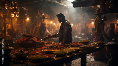 A photo featuring an oriental spice market with an exotic ambiance, and a man shopping in the background with a cinematic atmosphere.