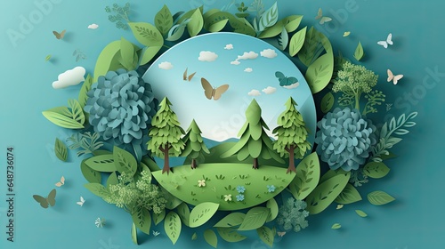 Background illustrations of paper cut signs and symbols to save planet earth, World environment day. AI generated background.