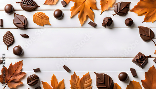 Autumn leaves chocolates and spices on the bright white wood table. Scandinavian fall aesthetic background concept, top view, copy space, flat lay.