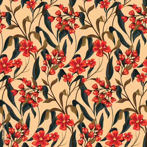Seamless floral pattern, vintage flower print with hand drawn wild plants. Elegant botanical design: small red flowers, large dry leaves, branches on a beige background. Vector illustration.