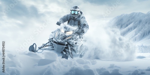 Close-up of a snow bike rider with copy space in the background